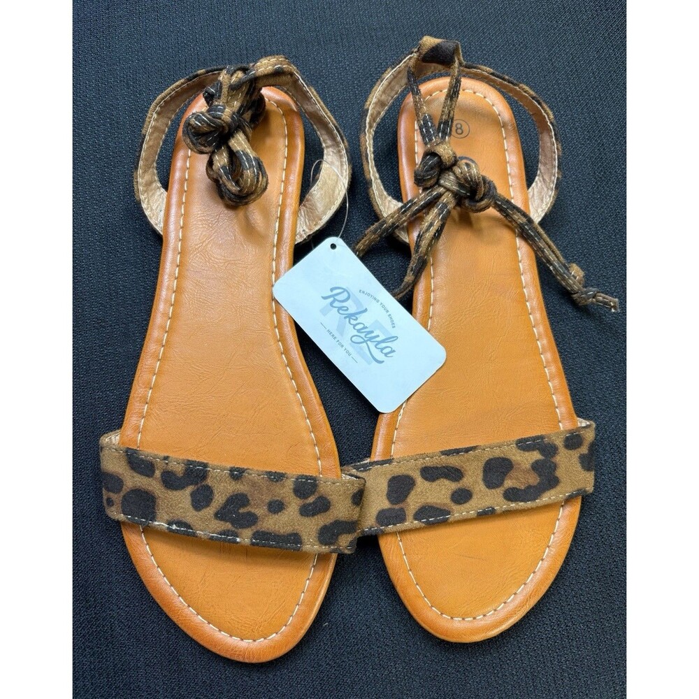 Rekordla Brown Black Leather Leopard Strappy Tie Ankle Sandals Womens 8